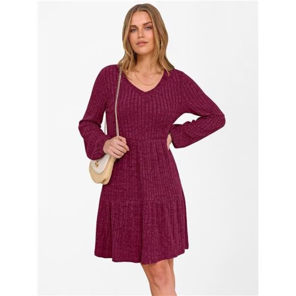 Women's Long Sleeve Ribbed Knit Flowy Swing Red - Picture 6 of 6